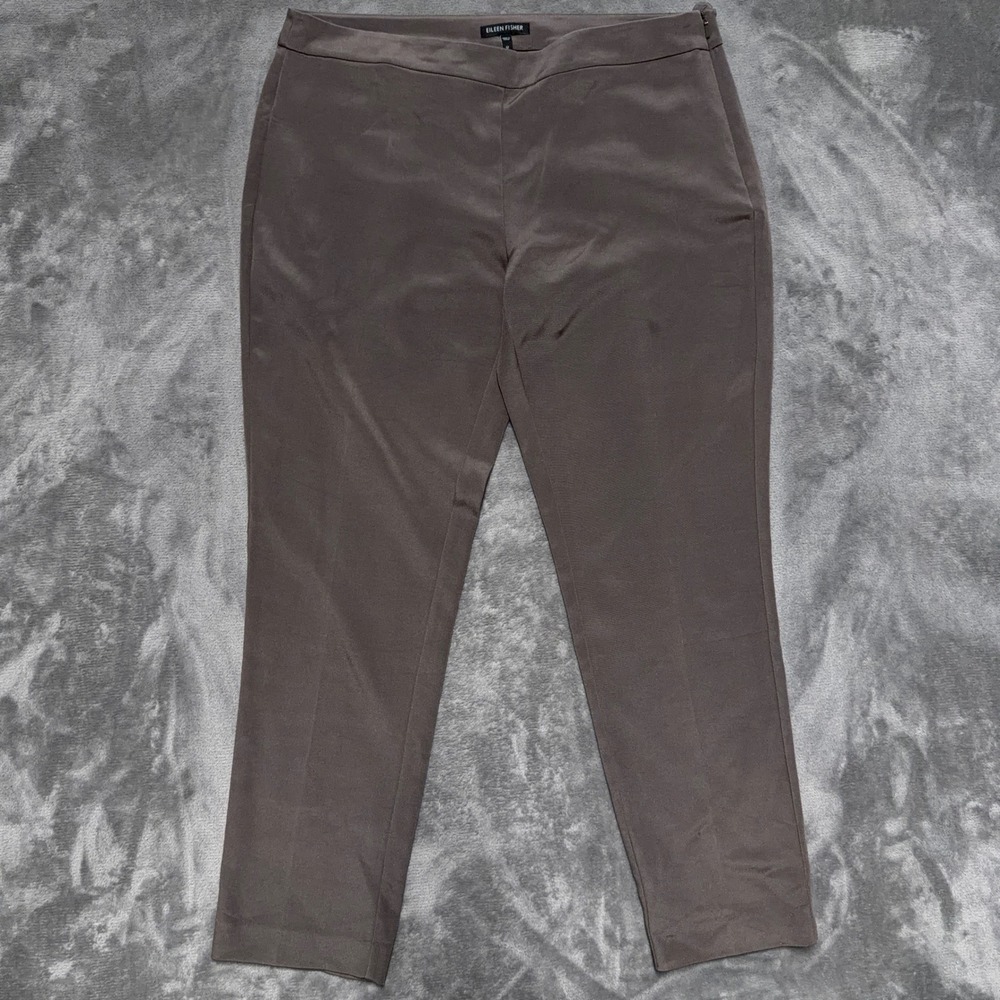 Eileen Fisher Tapered Ankle‎ Pants Womens 12 Taupe Silk Stretch Casual Career